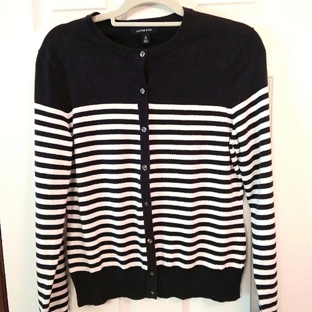 Lands End Women's Navy‎ and Cream Striped Button Down Long Sleeve Cardigan S